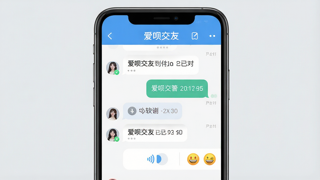 爱呗交友聊天界面展示,画面中央是一部手机,屏幕内显示爱呗交友对话窗口,包含文字气泡、语音条与表情图标,顶部有“爱呗交友”文字,背景为浅灰色,布局简洁,风格清爽,细节包含已读状态与时间戳,画质高清,干净,无多余元素