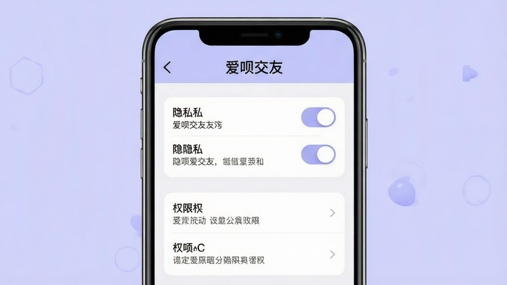 爱呗交友隐私设置界面,画面中央是手机屏幕,屏幕内显示爱呗交友设置菜单,包含隐私开关与权限选项,顶部有“爱呗交友”文字,背景为淡紫色,布局清晰,风格简约,细节包含开关按钮与说明文字,画质高清,干净,无多余元素