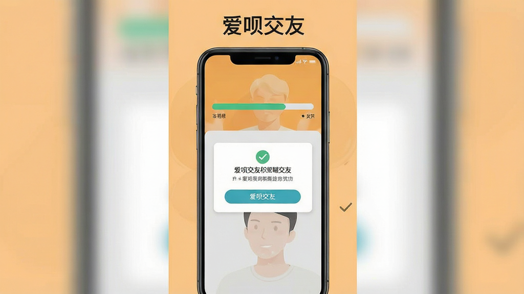 爱呗交友安装步骤示意图,画面中央展示手机屏幕,屏幕内显示爱呗交友安装进度条与权限授权弹窗,顶部有“爱呗交友”文字,背景为浅橙色,布局采用纵向排列,风格扁平化,细节包含勾选图标与按钮,画质高清,干净,无多余元素