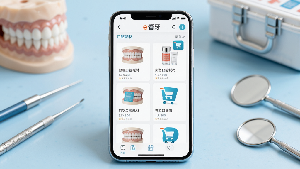 ����Ϊһ�������ֻ�����Ļ����ʾe�����̳ǵ�Ӧ�ý��棬�������п�ǻ�Ĳ���Ʒ�б��Ͳɹ���ͼ�ꣻ����Ϊ�ֻ����з�����ǳ��ɫ���汳���ϣ���Χ�����ƹ��ߺ�ҽ������Ϊװ��Ԫ�أ��Ű�����������Ʒ��Ƭ�������У����Ϊ�ִ�ҽ�ƿƼ��磬�����ɾ���ϸ�ڰ����ֻ���Ե�ķ��⡢��Ļ����ƷͼƬ������չʾ����������ģ�Ϳھ����黯����������Ϊ����4K���ɾ����޶���Ԫ�ء�