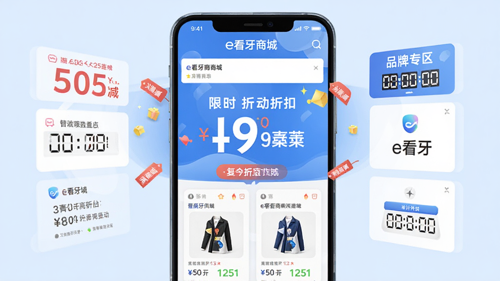 ����Ϊe�����̳ǵĻ����ҳ�棬����������ʾ��ʱ�ۿۺ������Χ��������ǩ��Ʒ��ר����ڣ�����Ϊ�ֻ���Ļ����չʾ������Ϊ����ɫ���Ű���ÿ�Ƭʽ��ƣ����Ϣ��η��������Ϊ���̴����磬ɫ�����쵫�����ۣ�ϸ�ڰ����ۿ����ֵ�ͻ����ʾ������ʱ������������֡���Ʒ����ͼ���������У�����Ϊ���壬�ɾ����޶���Ԫ�ء�