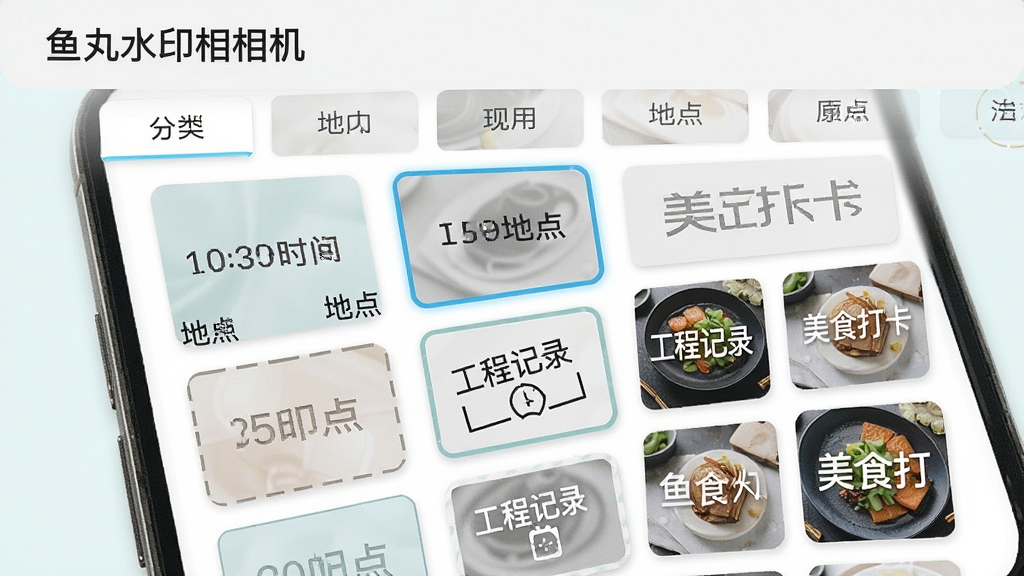 ����ˮӡ���ˮӡģ��ѡ����棬����Ϊ�ֻ���Ļչʾ����״ģ���б���ÿ��ģ������ͼ������ͬˮӡ��ʽ��ʱ��ص㡢���̼�¼����ʳ�򿨣����ֲ��������������У������з����ǩ�����Ű��������򣬷��Ϊ����ǳɫϵ��ϸ�ڰ���������ˮӡ��������⡢ģ��Ԥ��Сͼ��ѡ�и����߿򣻻�������������ɾ����޶���Ԫ�ء�