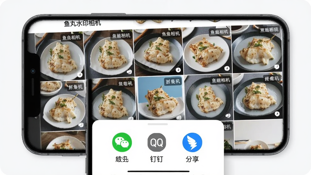 ����ˮӡ�����Ƭ���������������棬����Ϊ�ֻ���Ļչʾ���������ͼ��ÿ����Ƭ����ˮӡ��Ϣ�Ǳ꣬�ײ���������������΢��QQ����ͼ�ꣻ����Ϊ���½ṹ���Ϸ���������·�����ѡ��Ű����룬���Ϊ�ִ���Լ�磻ϸ�ڰ���������ˮӡ��������⡢������ť����Ƭ����ͼ����������������ɾ����޶���Ԫ�ء�