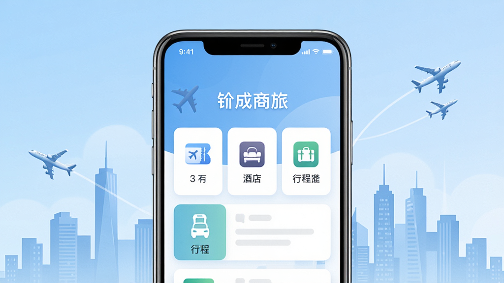 ��������չʾһ�������ֻ�����Ļ����ʾ���������á�APP��ҳ���棬������Ʊ���Ƶꡢ�г̵�ģ��ͼ�꣬����Ϊǳ��ɫ���䣬�����������ɻ�������Ϊ��׺Ԫ�أ����岼�ּ���������ִ�������ϸ�ھ��£����ʸ��壬�ɾ��޶���Ԫ��