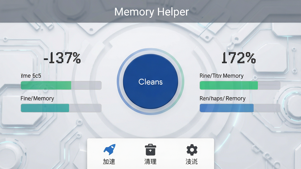 һ��չʾMemory Helper������������ֻ���Ļ��ͼ����������������ɫԲ��������ť����Χ�������ڴ�ռ���ʰٷֱ����ֺ�����/�����ڴ���״ͼ������Ϊǳ��ɫ�Ƽ����������������������ơ�Memory Helper����ɫ���֣��ײ�������������ͼ��ֱ�Ϊ���١����������ã������������죬���������������ɾ��޶���Ԫ��
