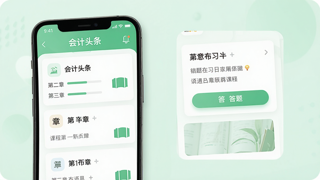 ����չʾ�����ͷ����APPѧϰר�����棬�ֻ���Ļ���ֿγ��б���ϰ�⿨Ƭ������Ϊ����ɫ������Ϊ��Ƭʽ���У��Ű�������������ѧϰ�磬ϸ�ڰ������������½�ͼ�ꡢ���ⰴť�����ʸ��壬�ɾ����޶���Ԫ��