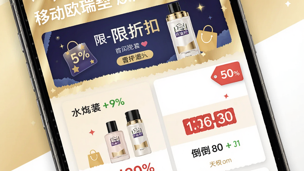 �ƶ�ŷ����Ӧ�û����ҳ��չʾ������Ϊ�ֻ���Ļ����ʾ��ʱ�ۿۺ������Ʒ�����װ�뵹��ʱ��ǩ������Ϊ���½ṹ�Ļ��Ƭ���У�����Ϊǳ��ɫ���ɫ���䣬�Ű���ã������ҵ�����У�ϸ�ڰ����ۿ۰ٷֱȡ������ͼ�����Ʒƿ�������ʸ��壬�ɾ����޶���Ԫ��