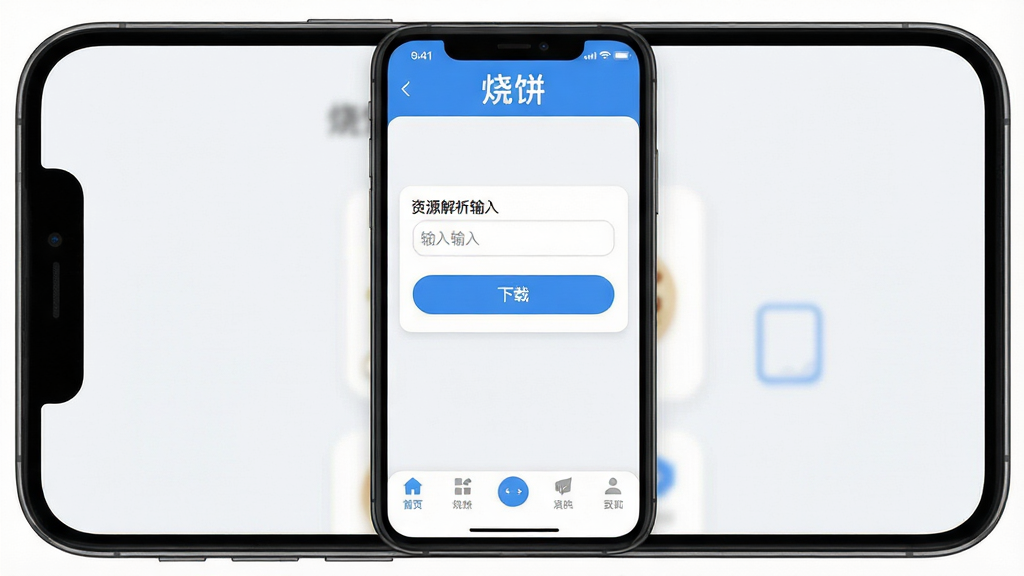 一张展示“烧饼”软件主界面的图片,画面中心是手机屏幕,屏幕内显示烧饼APP的首页,顶部有“烧饼”文字标识,中间是资源解析输入框和下载按钮,底部是功能导航栏,整体布局简洁清晰,风格为扁平化科技感设计,细节包含圆角图标、蓝色主题色、浅色背景,画质高清,干净,无多余元素