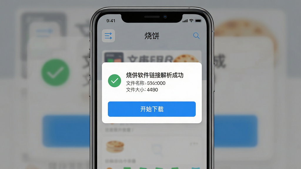 一张展示“烧饼”软件链接解析成功界面的图片,画面中心是手机屏幕,屏幕内显示烧饼APP解析完成的提示框,框内包含文件名称、文件大小和“开始下载”按钮,背景为半透明遮罩,风格为清爽工具类应用界面,细节包含对勾图标、蓝色按钮、灰色文字说明,画质高清,干净,无多余元素