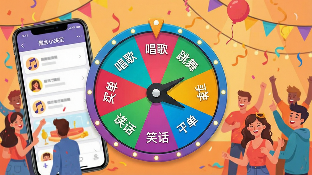 һ��չʾ�ۻ�С���������������ͼƬ�������������һ��ɫ�����޵�Բ��ת�̣�ת���Ͼ��ȷֲ��Ÿ��־ۻ�ѡ�������硰���衱�����衱���򵥡�����Ц������ת��ָ��ָ������һ��ѡ���Χ�������ֻ�����Ԫ�غͻ���ľۻ᳡���廭��������ůɫ�����ɶԷ�Χ��������������죬���ּ�����������ʸɾ��������޶���Ԫ�ظ���