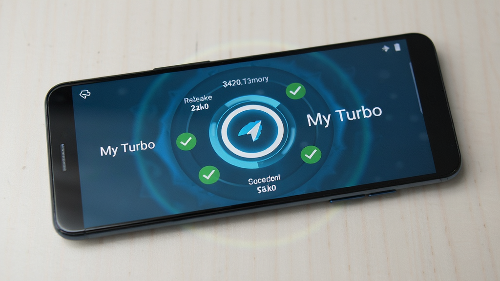 һ����׿�ֻ�ƽ����ǳɫ�����ϣ���Ļ��ʾ My Turbo �ļ�����ɽ��棬������һ�������Բ�μ��ٰ�ť����Χ�������ͷ��ڴ���ֵ����ɫ�Թ�ͼ�꣬������ɫ��ˬ����������΢����Ч��������ɾ����࣬ͻ���������� My Turbo�����廭��
