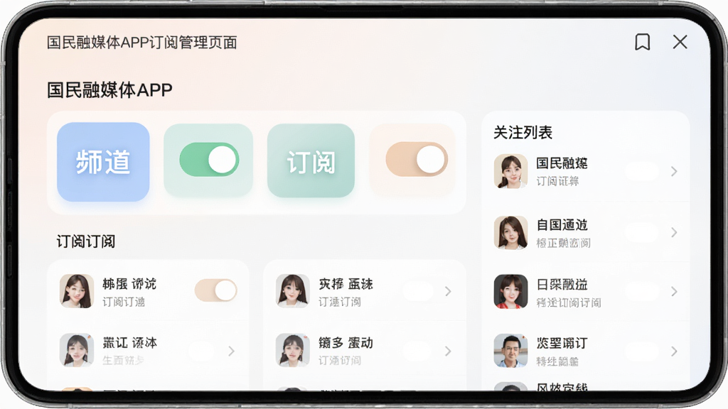 ������ý��APP���Ĺ���ҳ�棬չʾ���Ƶ�����Ŀ��غ��ѹ�ע�б��������Կ�Ƭʽ���ֳ��֣�ɫ����ͣ������������޶���Ԫ��