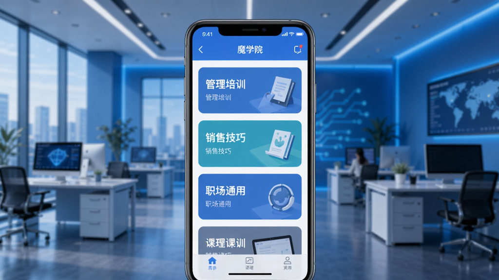 ħѧԺ��ҵ��ѵ��ƽ̨�ֻ�App����չʾ����������Ϊ�ֻ���Ļ����Ļ����ʾħѧԺ�γ��б�ҳ�棬����������ѵ�����ۼ��ɡ�ְ��ͨ�õȿγ̿�Ƭ������Ϊ�ִ�����ҵ�칫��������ɫ�Ƽ���ɫ�������ּ�����������Ϊ��ƽ��UI��ƣ�ϸ�ڷḻ�����ʸ��塢�ɾ��޶���Ԫ��