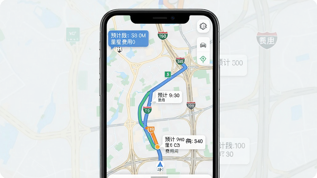 一张高速地图导航软件路线规划界面的示意图,手机屏幕中显示三条不同颜色的备选路线,每条路线旁边标注预计时间、里程和费用,路线经过高速公路和城市快速路,地图背景为浅色底图,道路线条清晰,整体排版整齐,风格简约商务,画质干净,无杂乱元素