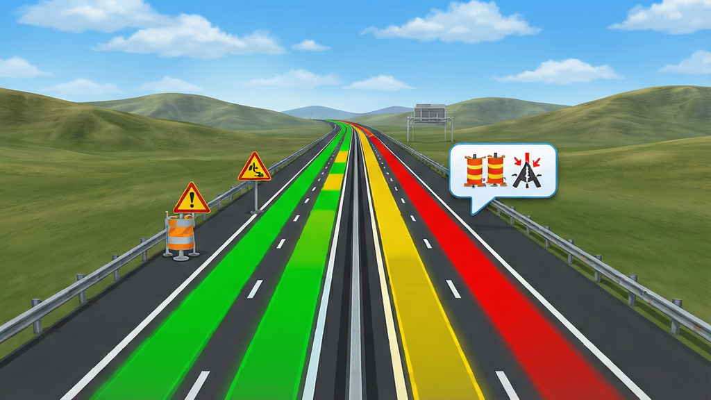 一张高速地图导航软件的路况图层展示图,画面中一条高速公路从底部延伸至远方,路面用绿色、黄色、红色分段标注不同拥堵状态,路边有施工警示图标和事故提醒气泡,背景是蓝天白云下的丘陵地形,整体风格写实清晰,色彩明快,画质干净,无多余文字堆砌,突出路况可视化效果