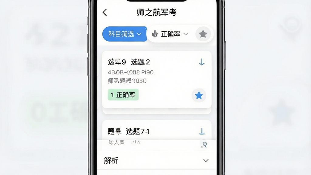 һ���ֻ�App������չʾͼ����������Ϊ��ʦ֮������������б��������Ϸ�Ϊ��Ŀɸѡ�����м�Ϊѡ���⿨Ƭ���·�Ϊ�����۵������Ű��������������Ϊ���ѧϰ���߷磬ϸ�ڰ�����Ŀ��š���ȷ�ʱ�ǩ���ղذ�ť�����ʸ��壬����ɾ����޶���Ԫ��