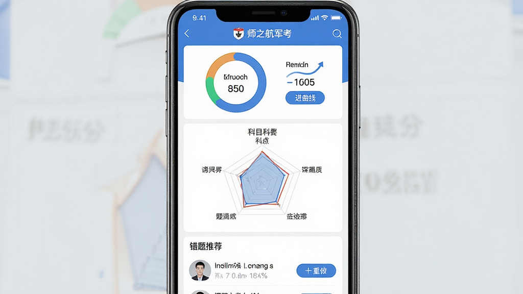 һ���ֻ�Appģ�⿼�Խ��ҳ��չʾͼ����������Ϊ��ʦ֮���������ɼ����棬�����Ϸ�Ϊ�ֻܷ���ͼ���м�Ϊ��Ŀ�״�ͼ���·�Ϊ�����Ƽ��б����Ű��η��������Ϊ���ݿ��ӻ������磬ϸ�ڰ����������֡��������ߡ�������ť�����ʸ��壬����ɾ����޶���Ԫ��