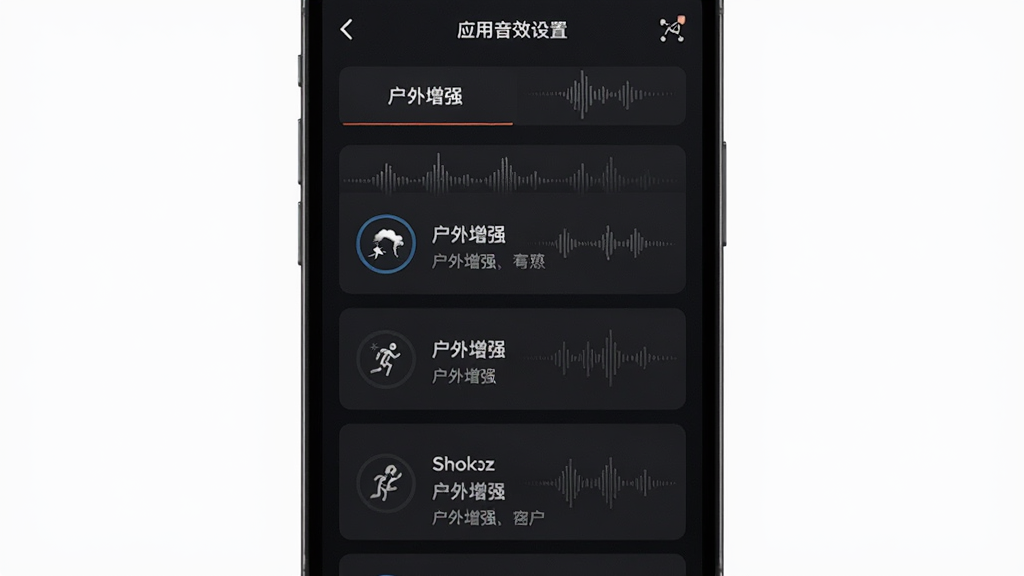 ShokzӦ����Ч����ҳ�棬��Ļ��չʾ�����Чģʽѡ�����ǰѡ�С�������ǿ��������Ϊ��ɫ�˶���񣬲���Ϊ�����б��������רҵ��ϸ�ڰ�������������ģʽ˵��С�֣����ʸ��壬����ɾ�