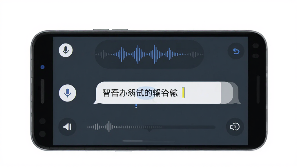 小智语音输入法软件界面展示,主体为一部安卓手机屏幕,屏幕上显示语音输入法正在识别语音并转化为文字,布局为居中手机正面视图,排版简洁,风格为现代科技感扁平化设计,细节包括麦克风图标、声波纹理、文字气泡,画质清晰干净,无多余元素