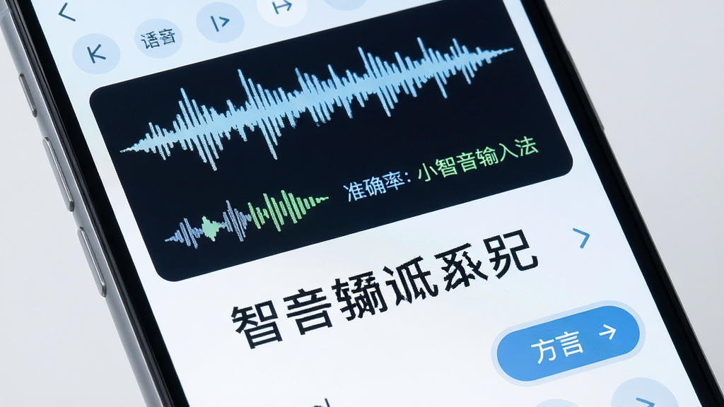小智语音输入法高精度语音识别功能展示,主体为手机屏幕特写,屏幕上显示声波转化为中文文字的过程,布局为上下结构上方声波下方文字,风格为清爽浅色科技风,细节包括识别准确率标识、方言选项按钮,画质清晰干净,无多余元素