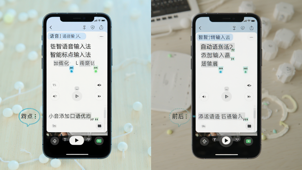 小智语音输入法智能标点功能展示,主体为手机屏幕显示语音转文字后自动添加标点的效果对比,布局为左右对比排版,风格为清新浅色扁平风,细节包括标点符号高亮、口语优化前后对照,画质清晰干净,无多余元素
