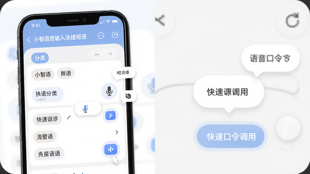 小智语音输入法快捷短语功能展示,主体为手机屏幕显示快捷短语管理界面和语音口令调用过程,布局为列表式排版,风格为柔和圆角设计,细节包括短语分类标签、语音口令图标、快速调用气泡,画质清晰干净,无多余元素