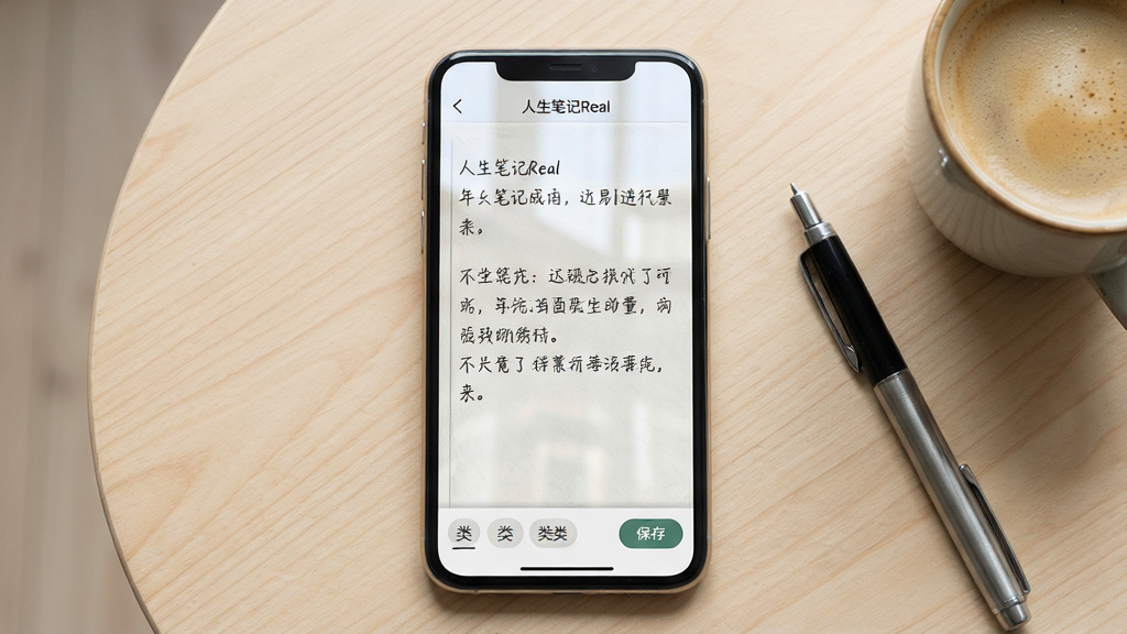 一张展示手机笔记应用界面的场景图,画面主体是一部竖屏智能手机,屏幕中显示简洁的日记编辑页面,顶部有