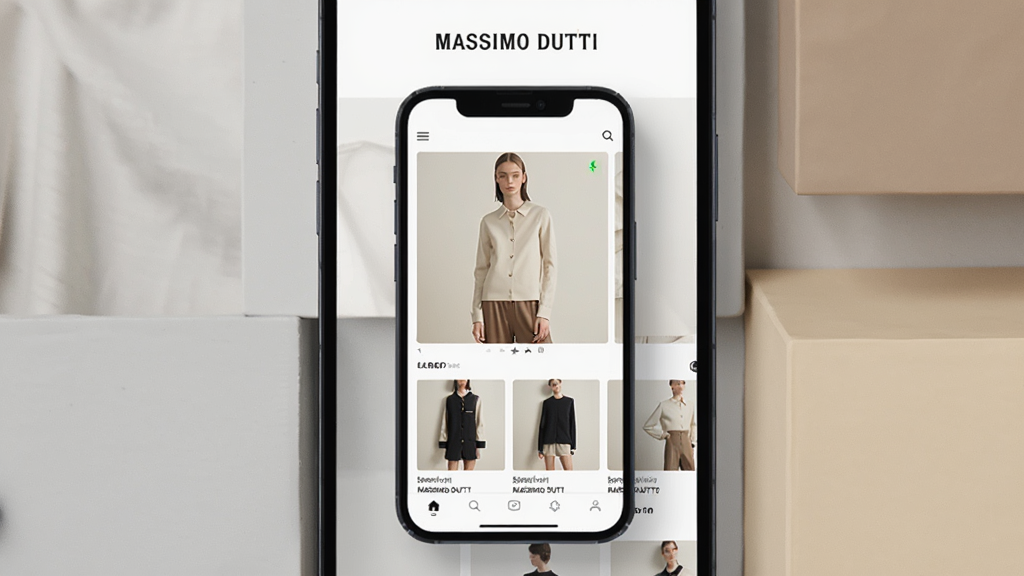 ����Ϊһ�����������ֻ�����Ļ��չʾ Massimo Dutti Ʒ�Ʒ��������̳���ҳ����������װ�ɫ��������Լ��װģ��ͼ���������е���Ʒ��Ƭ���ֻ���Χ��ǳ������ɫ���ļ��ο��沼�֣��Ű���þ��й�ͼ���Ϸ����׷���Ʒ��Ӣ�ı�ʶ�����Ϊ�ִ�����ʱ����Ӱ��ϸ�ڰ���������������Ʒ����ͼ���ײ�����ͼ�꣬���ʸ��塢����ɾ����޶���Ԫ��
