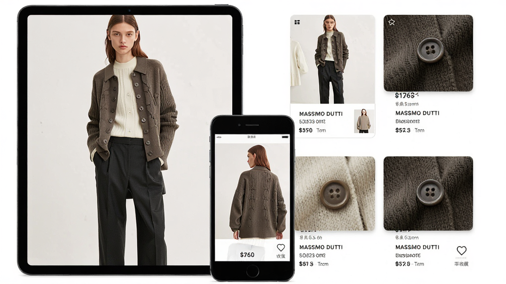 ����Ϊƽ�����ֻ����չʾ Massimo Dutti ����Ůװϵ��ҳ�棬���ֲ������ҷ��������Ϊģ��ȫ�������ͼ���Ҳ�Ϊ��Ʒ����ͼ������˵����Ƭ���Ű��������׳��㣬���Ϊ�߼���Լ�����Ӿ���ϸ�ڰ�����֯������Ŧ��ϸ�ڡ��۸��ǩ���ղ�ͼ�꣬��������������ɾ����޶���Ԫ��