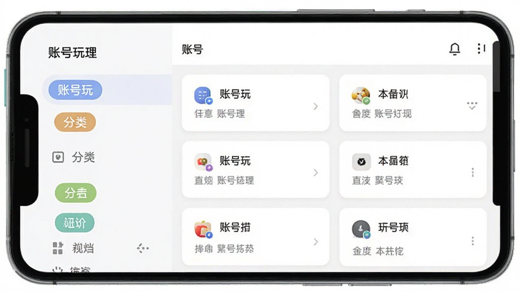 画面主体为一部安卓手机,屏幕中展示“账号玩”软件的账号分组管理界面,布局为左侧分类导航栏与右侧账号卡片列表双栏结构,风格为简约商务浅色系,细节包含不同颜色的分组标签、账号卡片上的小图标与备注文字,画质清晰,干净整洁,无多余装饰元素