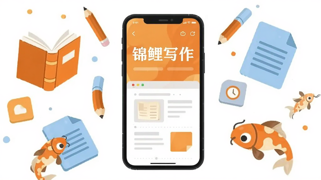 画面中央放置一部智能手机,手机屏幕上显示“锦鲤写作”四个大字和简洁的写作界面布局,手机周围环绕漂浮的书本、铅笔、文档图标和几条卡通锦鲤,整体采用扁平化插画风格,色彩以暖橙色和浅蓝色为主,背景干净留白,画质清晰锐利,无多余装饰元素