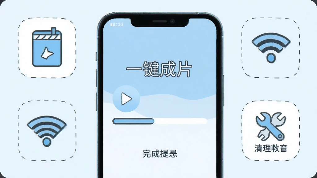 ����Ϊ�ֻ���Ļ��ʾ��Ƶ�����������������ʾ����Χ�д洢�ռ�ͼ�ꡢWiFi�ź�ͼ������������ͼ�꣬���ñ�ƽ���廭�����ɫΪǳ�����ɫ����ͼ������ˣ�ϸ�ڸɾ���������������Ļ����ʾ���֡�һ����Ƭ��