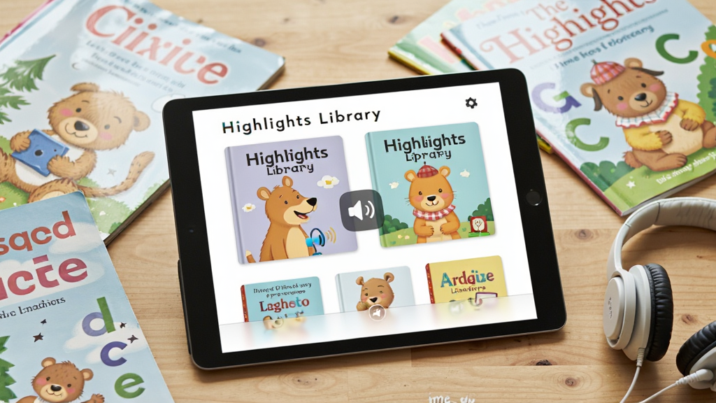 һ��չʾ Highlights Library ��ͯӢ���Ķ�Ӧ��������ĳ���ͼ������Ϊƽ�������Ļ��������ɫ����͵Ļ汾��������Ƶͼ�꣬����Ϊ������д��ͼ������ɢ�伸��Ӣ�Ķ�ͯ��־��һ����ͯ���������Ϊ���������������Ʒչʾ�磬ϸ�ڰ���ľ�����桢�����Ȼ�⡢��Ļ�пɼ���ͨ�����ɫ����ĸԪ�أ����������ɾ����޶���Ԫ��