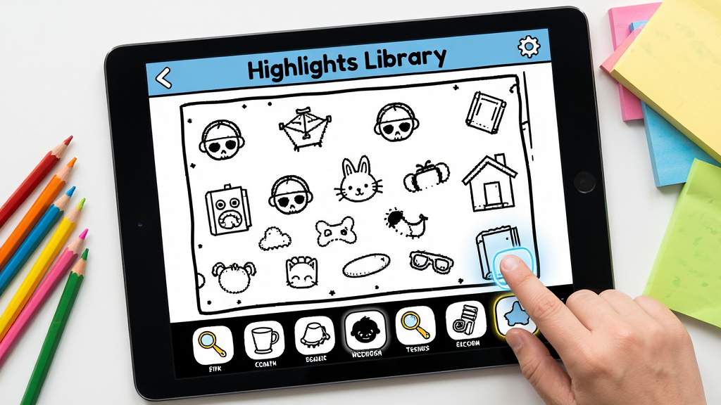 һ��չʾ Highlights Library ȤζѰ�ﻥ������ĳ���ͼ������Ϊƽ����Ļ��һ���ڰ��߸���ĳ������棬����������������С�������������Ϊ������д�����Ϊ��ͯ������Ϸ����磬ϸ�ڰ�����Ļ�·�һ�Ŵ�Ѱ����Ʒͼ�ꡢ��ָ�������Ч������Χ�в�ɫǦ�ʺͱ�ǩֽ�����������ɾ����޶���Ԫ��