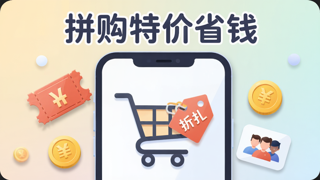 主体为一部智能手机,屏幕中央展示购物车图标与折扣标签组合的视觉符号,布局采用居中对称构图,手机两侧分布优惠券、金币与拼团人物小图标,排版上软件名称“拼购特价省钱”以圆润字体置于画面顶部,风格为扁平化插画风,细节包括柔和的渐变背景与轻微阴影层次,画质清晰干净,无多余元素