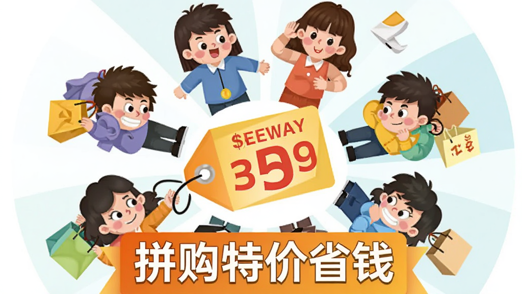 画面主体为多个卡通人物围绕一个中央价格标签组成拼团圆形阵列,布局采用环形放射构图,排版上软件名称“拼购特价省钱”以横幅形式出现在画面下方,风格为明快活泼的矢量插画,细节包含价格标签上的折扣数字与人物手中的购物袋,画质干净清晰,无多余装饰元素