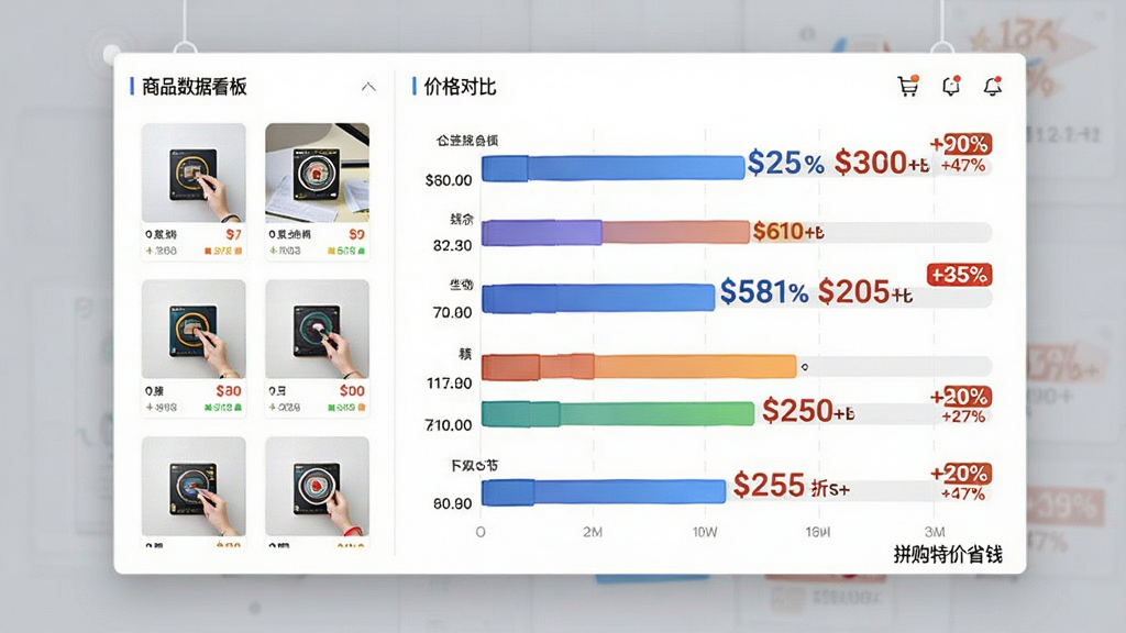 主体为一块悬浮的比价数据看板,布局采用左右分栏结构,左侧为商品缩略图,右侧为多条价格对比条形图,排版上软件名称“拼购特价省钱”以小字标注在画面右下角,风格为简约商务信息图,细节包括条形图上的价格数字与折扣百分比标签,画质清晰锐利,无杂乱背景元素