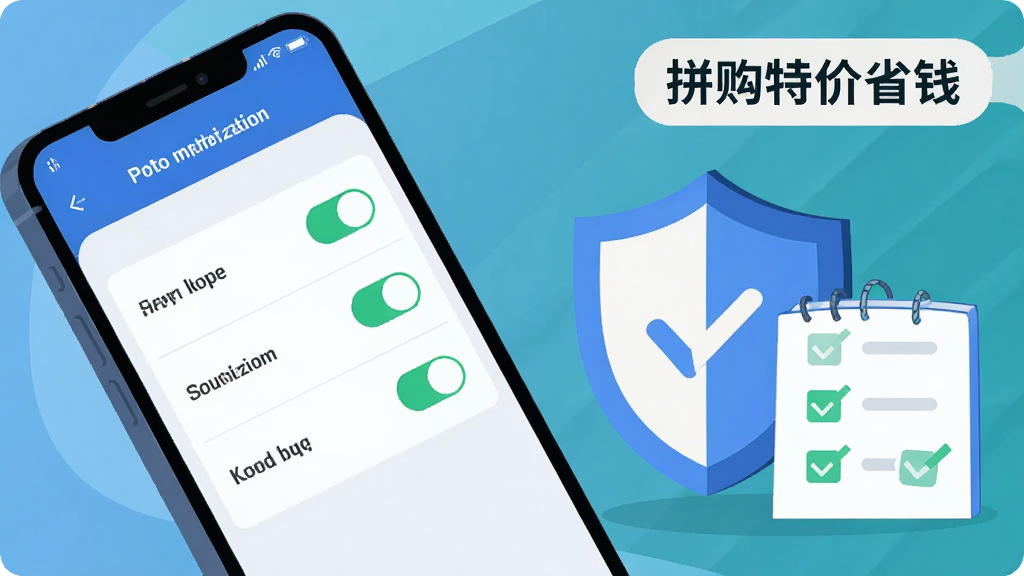 主体为一部手机屏幕展示应用权限设置界面与安全盾牌图标,布局采用对角线构图,手机倾斜放置于画面左侧,右侧为盾牌与勾选清单,排版上软件名称“拼购特价省钱”以标签形式贴在画面右上角,风格为扁平科技感插画,细节包括权限开关滑块与绿色对勾标记,画质干净清晰,无多余元素