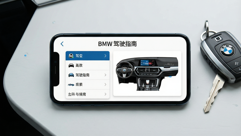 һ��չʾ�����ֻ���Ļ�Ļ��棬��Ļ������ʾ��BMW��ʻָ�ϡ�Ӧ�ý��棬�����԰�ɫ�ͱ�����Ϊ��ɫ�������Ϊ����ѡ���б����Ҳ�Ϊ�����п�̨��ťͼ�⣬����Ϊ�ɾ���ǳ��ɫ���棬�ֻ��Ա߷���һ�ѱ�����Կ�ף������������񣬻���������������ͣ���ͼ���У��޶���Ԫ��