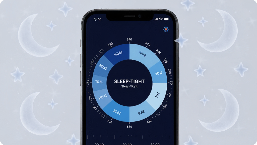 一部手机屏幕特写,显示 Sleep-Tight 的睡眠周期环形图,图中用不同深浅的蓝色区块标注深睡与浅睡阶段,手机周围环绕着半透明的月亮和星星装饰元素,布局为手机居中、装饰元素环绕四周,风格为科技感数据可视化,细节包括清晰的阶段标签和时间刻度,画质锐利,画面干净无杂乱