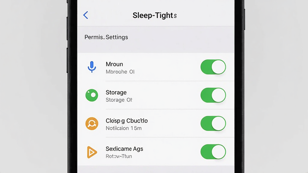 手机屏幕显示 Sleep-Tight 权限设置页面,画面中有麦克风、存储、通知等权限开关,布局为手机竖屏居中、背景为浅灰色设置界面,风格为简洁UI截图示意,细节包括权限图标和开关状态,画质清晰干净,画面无多余装饰