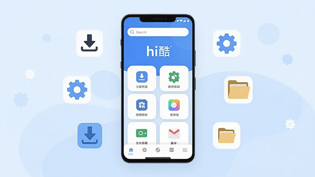 画面主体是一部竖屏安卓手机,手机屏幕中央显示“hi酷”应用主界面,界面采用简洁的卡片式布局,顶部有搜索栏,中部排列功能图标,底部为导航栏;手机周围环绕着下载箭头、齿轮、文件夹等小图标,象征下载与工具属性;背景为浅蓝色渐变,风格为扁平化科技插画,细节干净利落,画质清晰,无多余元素,整体排版居中对称。