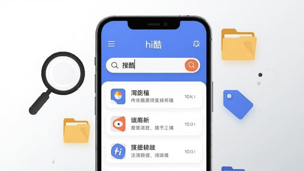画面主体为一部手机屏幕特写,屏幕上显示“hi酷”的搜索界面,搜索框中输入关键词,下方以列表形式呈现多条匹配结果,每条结果配有图标与简短说明;手机旁边漂浮着放大镜、文件夹、标签等元素,背景为白色到浅灰色的柔和过渡,风格为简洁的UI展示插画,细节清晰,排版突出搜索功能,画质干净,无多余装饰。