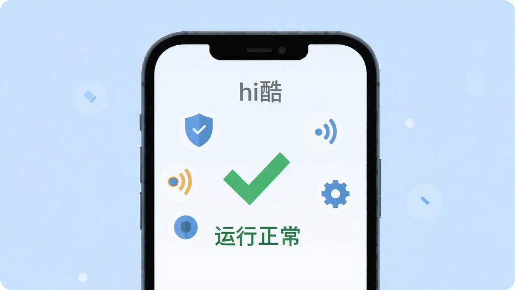 画面主体是一部手机屏幕显示“hi酷”应用的运行状态页面,页面中央有一个绿色的对勾图标与“运行正常”字样,周围环绕着盾牌、信号波、齿轮等小图标,象征稳定与安全;背景为浅蓝色,风格为扁平化插画,细节简洁,排版居中,画质清晰,无多余元素。