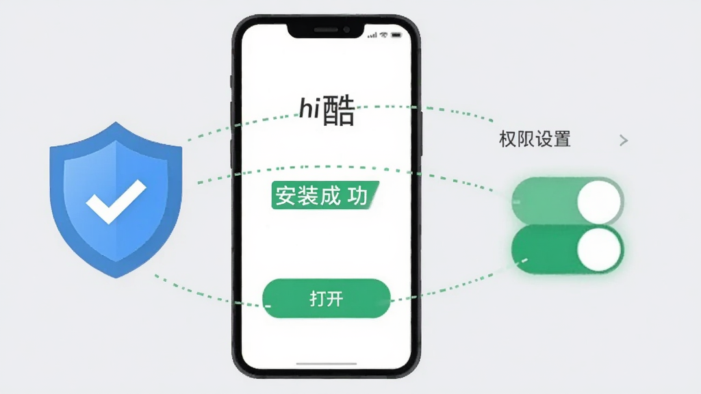 画面主体是一部手机屏幕显示“hi酷”安装完成界面,屏幕上有“安装成功”字样与打开按钮,手机旁边有盾牌图标与权限开关示意图,背景为浅灰色,风格为简洁的步骤说明插画,细节清晰,排版突出安装与权限设置,画质干净,无多余元素。