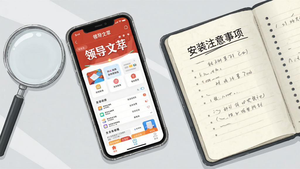 ��������Ϊһ�������ֻ���Ļ��ʾ���쵼���͡�Ӧ�ý��棬�Ա߷���һ�ѷŴ󾵺�һ�������ıʼǱ����ʼǱ���д�С���װע���������������Ϊǳ��ɫ���棬���ֲ��ø���ƽ�̹�ͼ�����Ϊ��Լ�칫�廭��ϸ�ڰ����ֻ���Ļ������UIԪ�ء��Ŵ󾵵Ľ����ʸкͱʼǱ���ֽ�����������ʸɾ��������޶���Ԫ��
