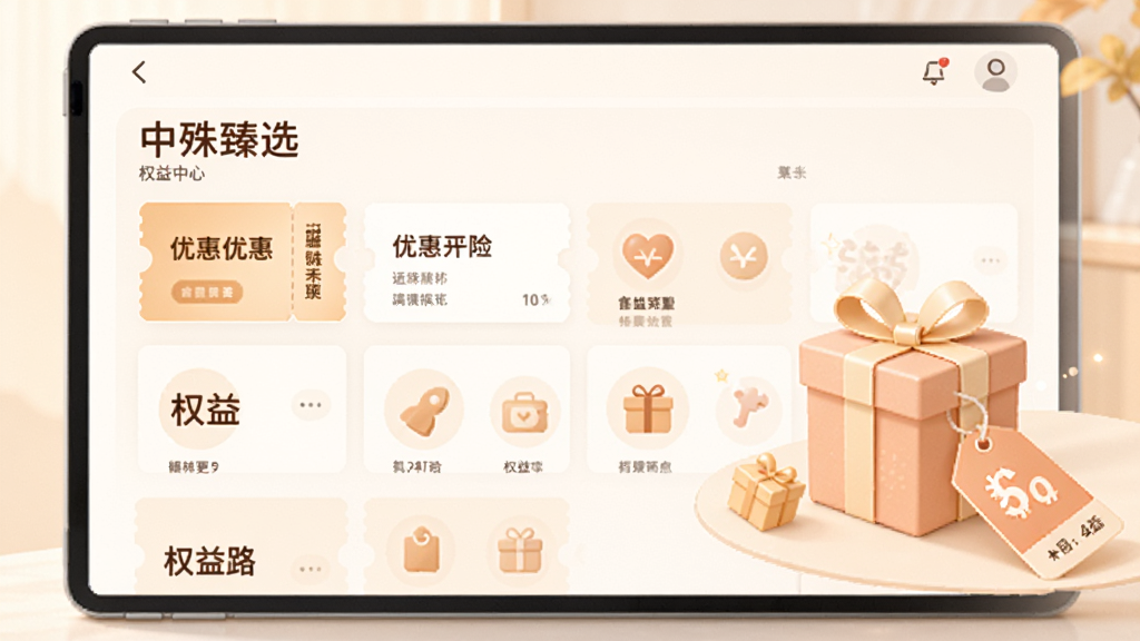 ����չʾ��������ѡ��Ȩ�����Ľ��棬��Ļ�������Ŷ����Ż�ȯ��Ƭ��Ȩ��ͼ�꣬�Ա�����������ۿ۱�ǩ�ļ�Լ�廭������ɫ�������ů�������������򣬷������ǳɫ������ϸ�壬�޶���Ԫ��