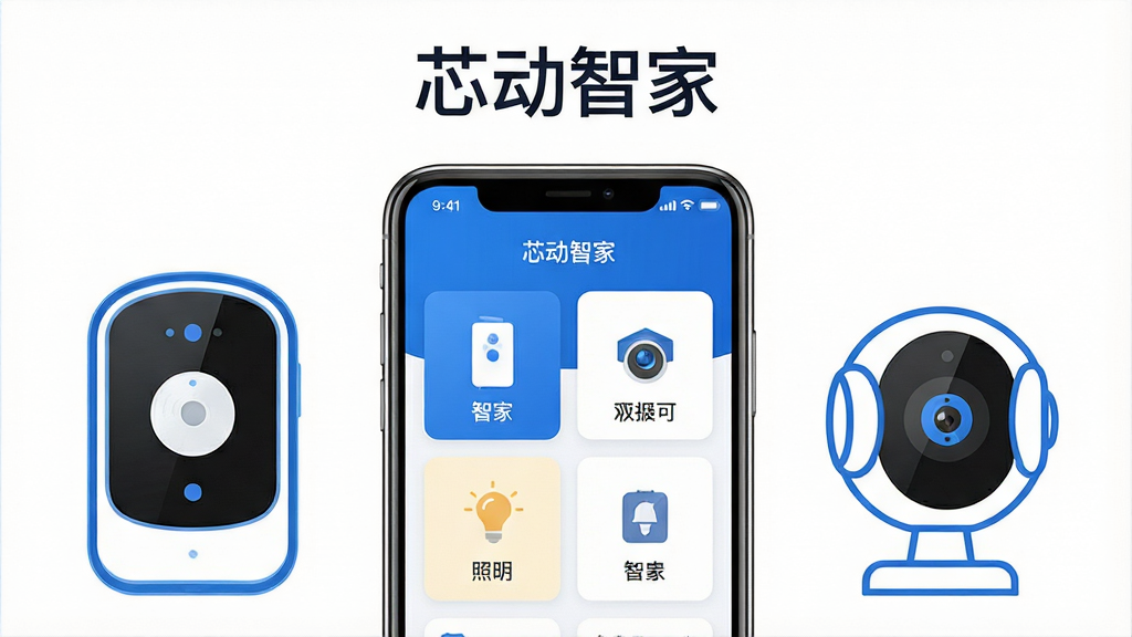 画面主体为一台竖屏智能手机,屏幕中央显示芯动智家应用主界面,界面内包含门铃、摄像头、照明等多个设备卡片图标,手机两侧环绕简洁的智能门铃与家用摄像头轮廓图形,布局采用居中对称构图,上方留白放置应用名称文字“芯动智家”,整体风格为现代扁平化科技风,配色以蓝白为主,细节干净利落,画质清晰锐利,背景纯净无多余装饰元素