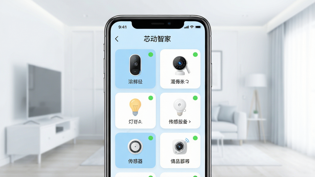 画面主体为一部手机屏幕展示芯动智家设备列表页面,屏幕中整齐排列门铃、摄像头、灯泡、传感器等设备图标卡片,每个卡片带有在线状态小圆点,手机后方以半透明方式呈现一个现代客厅场景轮廓,布局为手机居中、场景虚化衬托,风格为清爽扁平化UI展示风,配色以浅蓝与白色为主,细节上突出卡片圆角与状态标识,画质高清,背景干净无杂乱元素