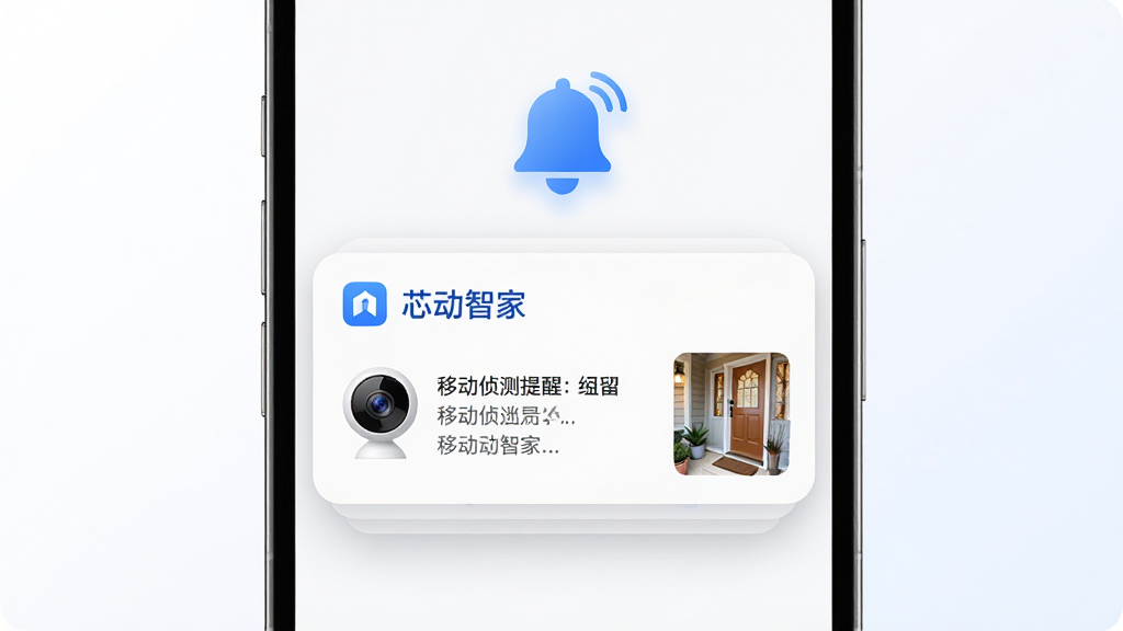 画面主体为一部手机屏幕弹出芯动智家的移动侦测提醒通知卡片,通知内容旁配有一个小型摄像头图标和门口场景缩略图,手机上方漂浮一个铃铛形状的提醒符号,布局为手机居中、通知卡片位于屏幕中上部,风格为现代简约科技风,配色以白底蓝字为主,细节突出通知卡片的层次感与图标清晰度,画质干净锐利,背景为纯净浅色渐变